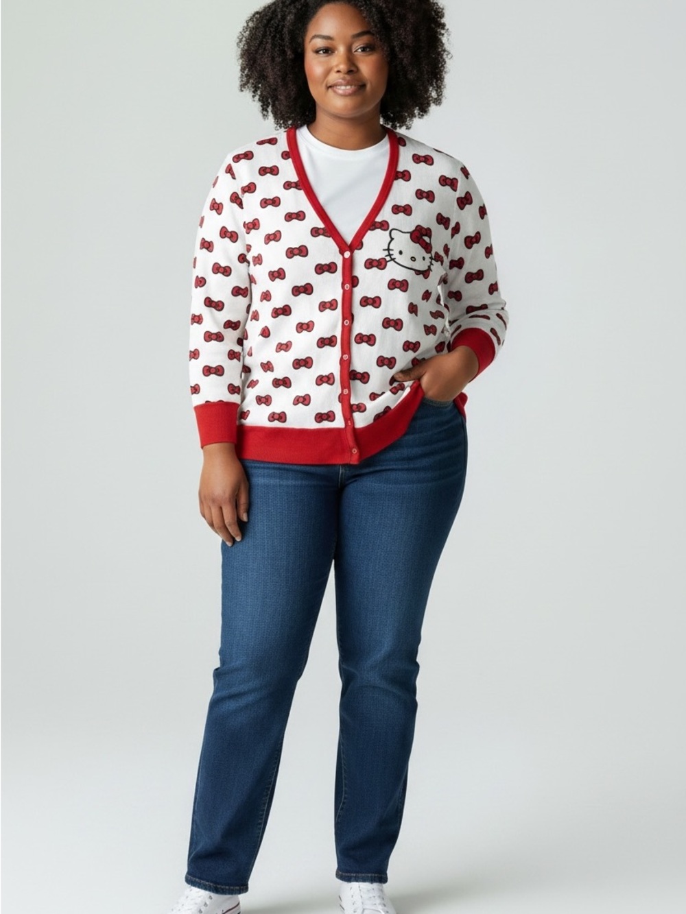 Sanrio Hello Kitty White Cardigan with Red Bow Pattern